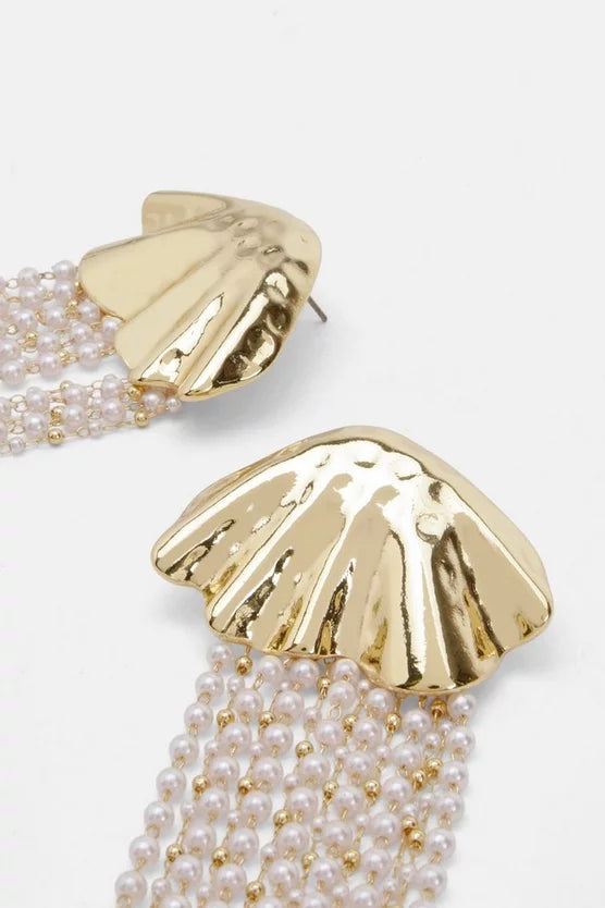 Gold Shell Pearl Detail Statement Earrings