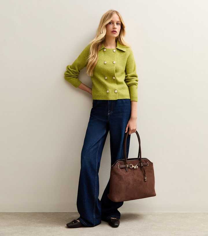 Green Double Breasted Collared Cardigan