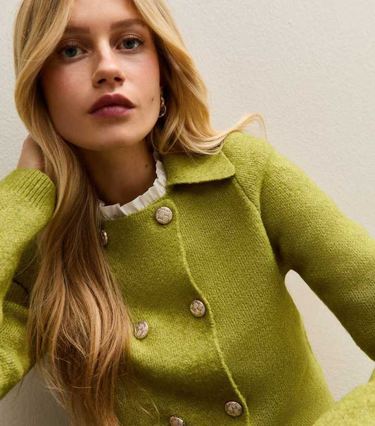 Green Double Breasted Collared Cardigan