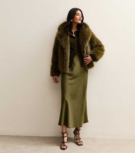 Green Spot Jacquard Satin Bias Cut Midi Skirt