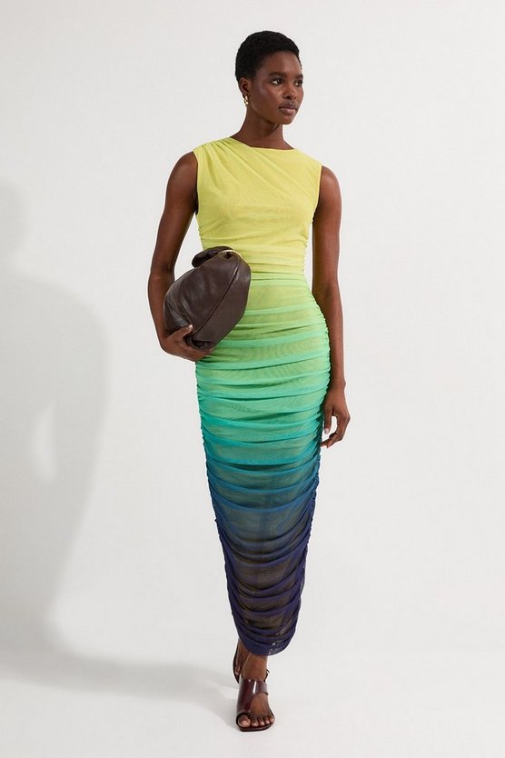 Sunset Ombre Mesh Ruched Jersey Maxi Dress