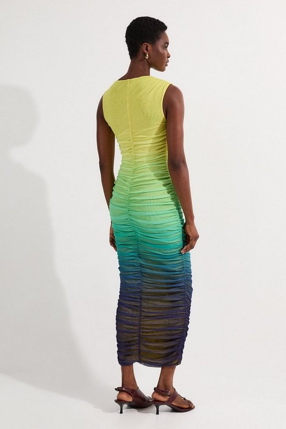 Sunset Ombre Mesh Ruched Jersey Maxi Dress