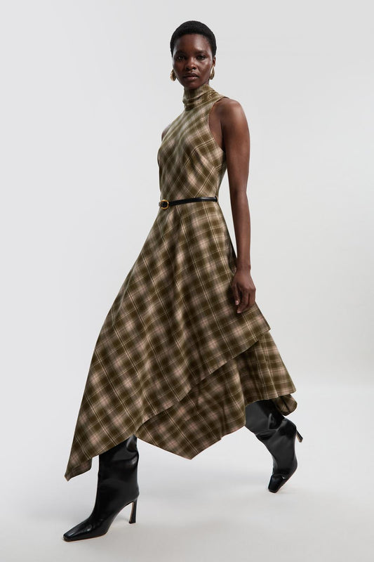 Tailored Check Belted Full Midi Dress