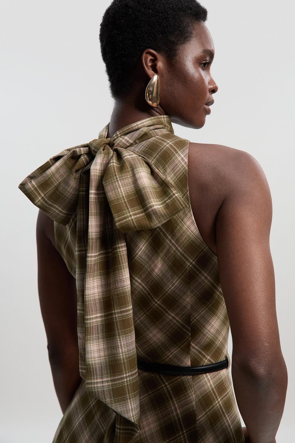Tailored Check Belted Full Midi Dress
