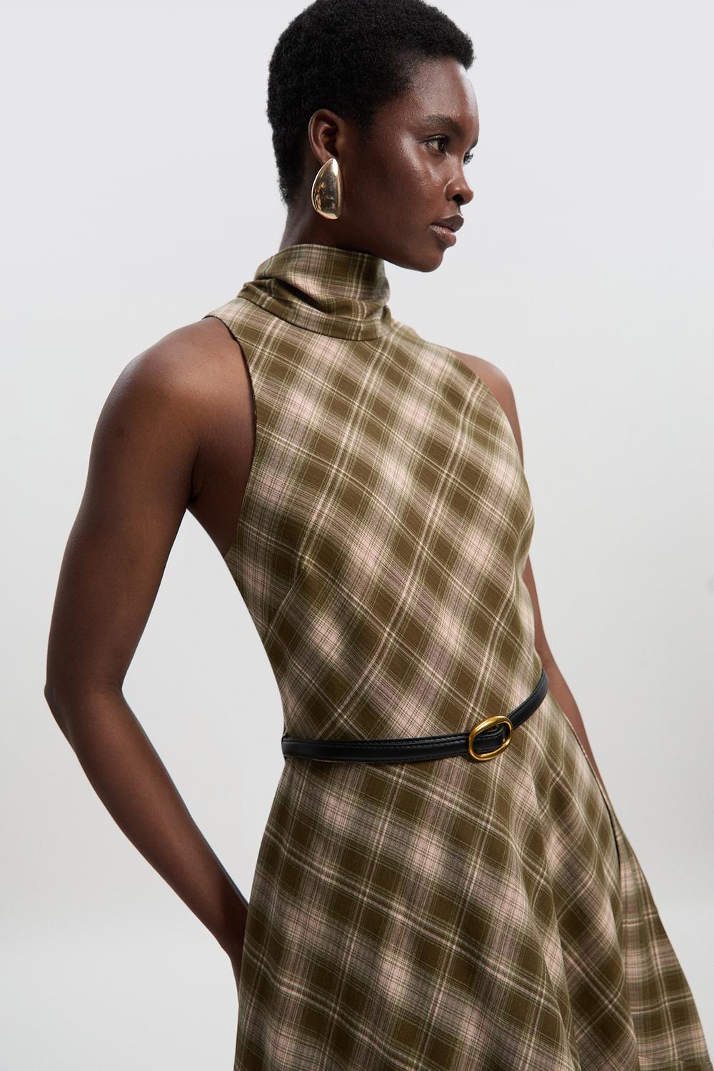 Tailored Check Belted Full Midi Dress