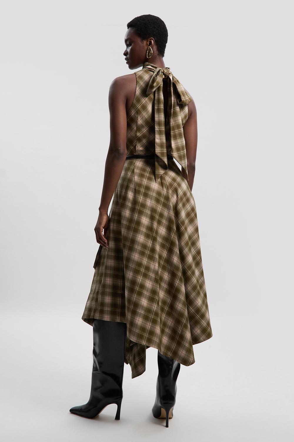 Tailored Check Belted Full Midi Dress