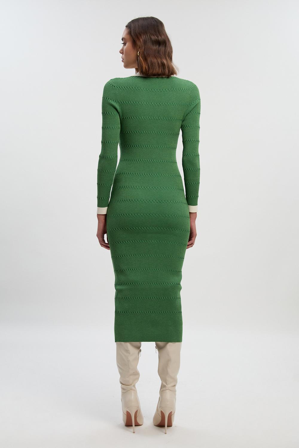 Viscose Rib Stitch Detail Contrast Colour Button Knit Midi Dress