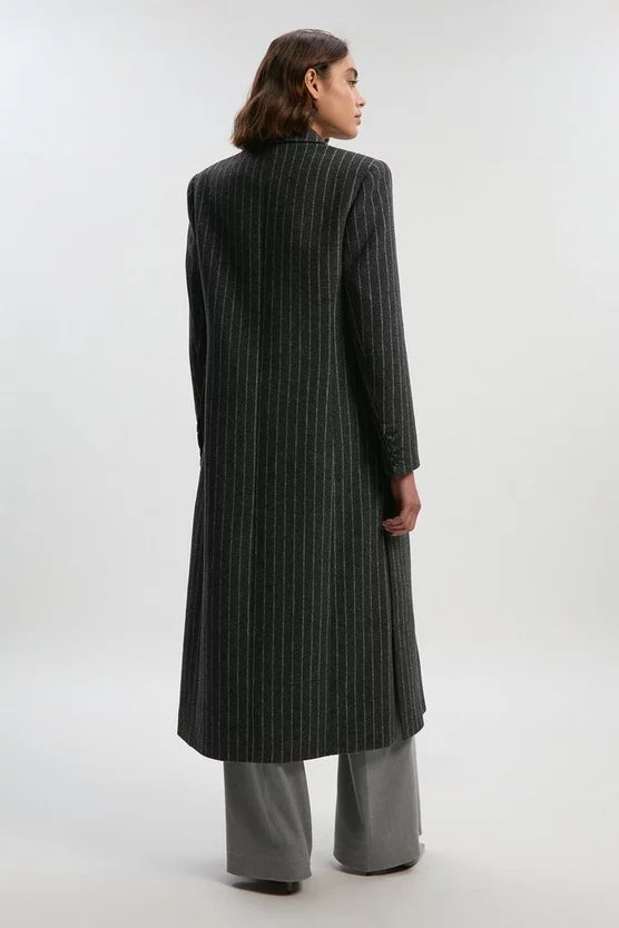 Brushed Wool Pinstripe Oversized Double Breasted Tailored Maxi Coat