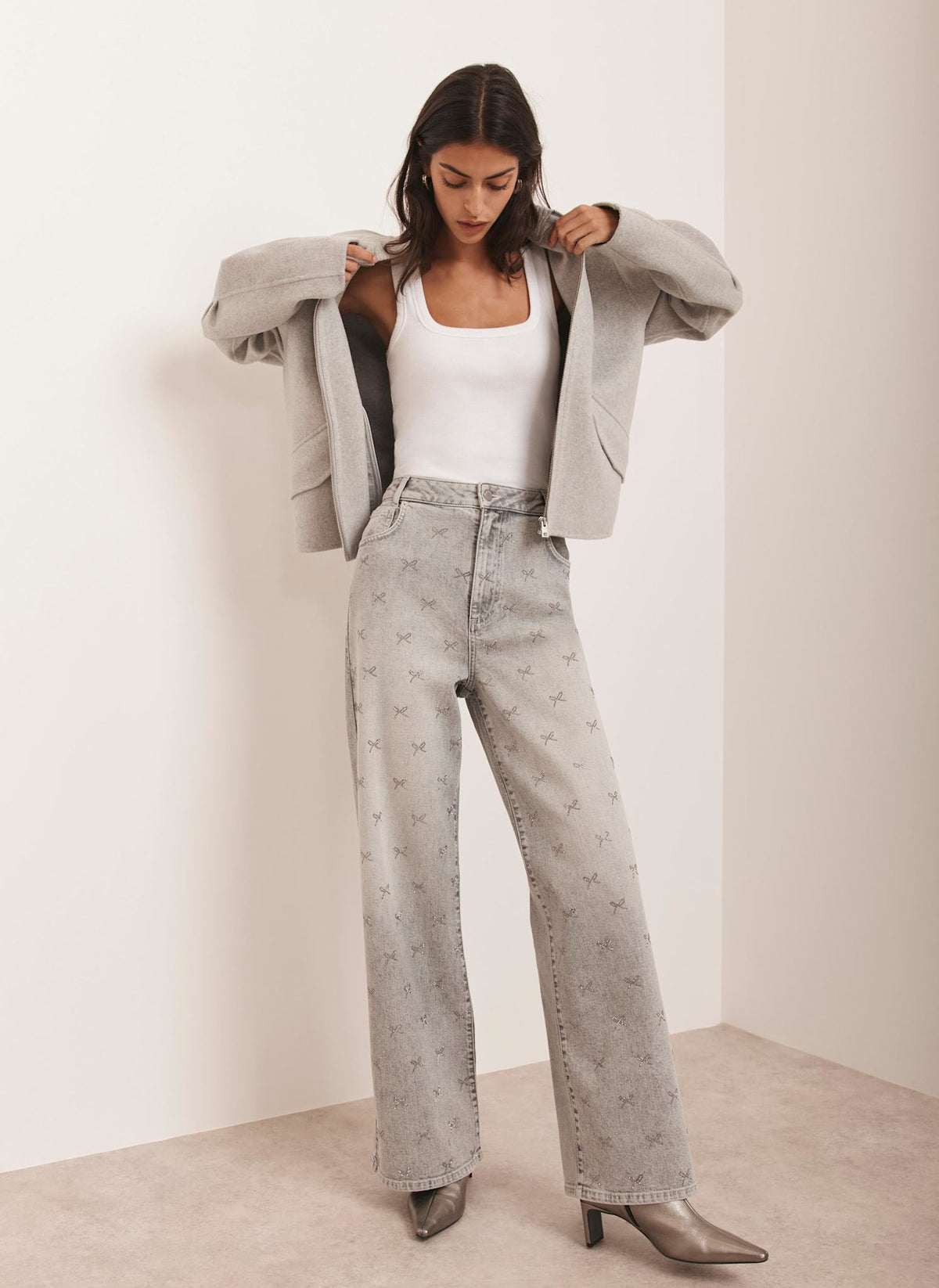 Grey Embellished Wide Jeans