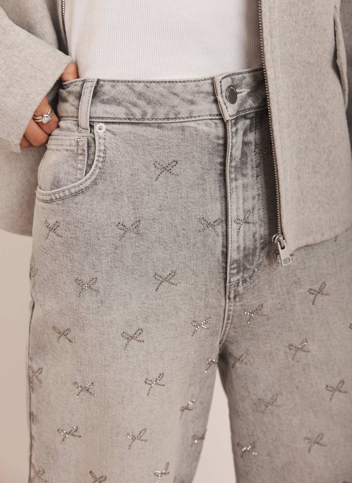 Grey Embellished Wide Jeans
