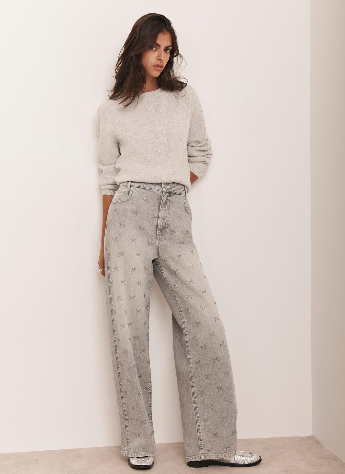 Grey Embellished Wide Jeans