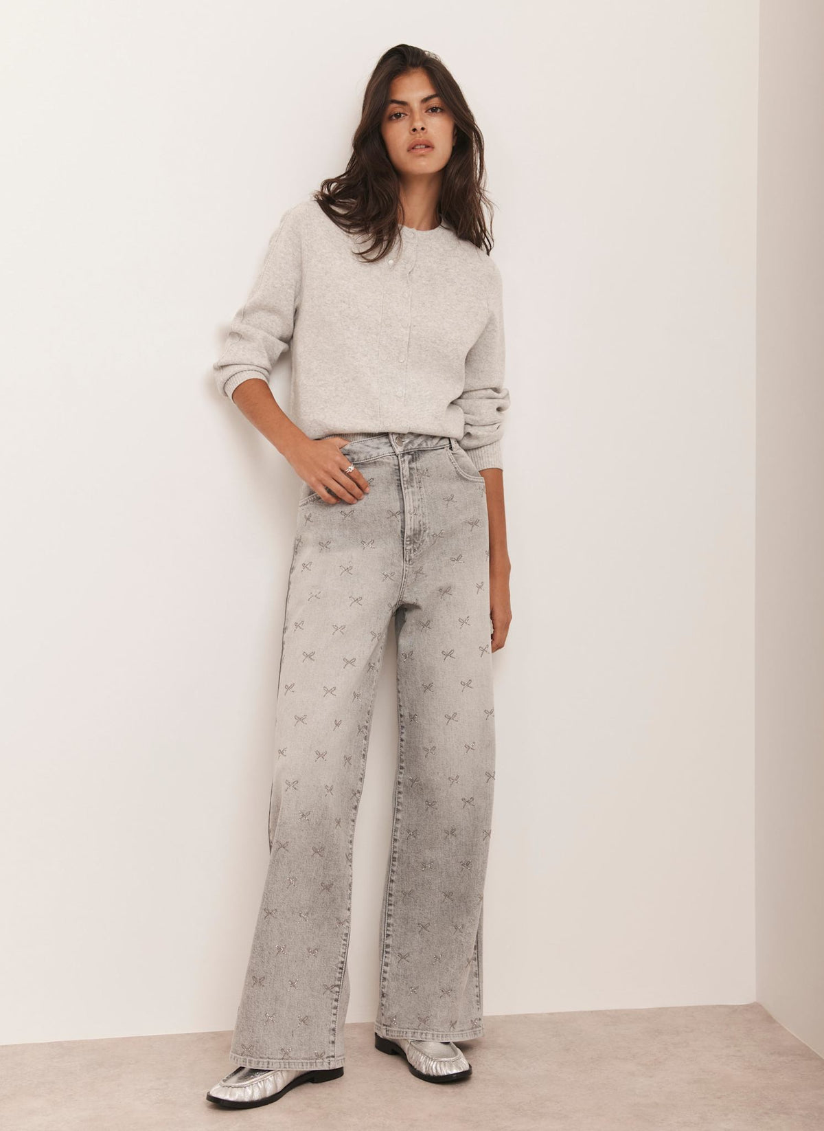 Grey Embellished Wide Jeans