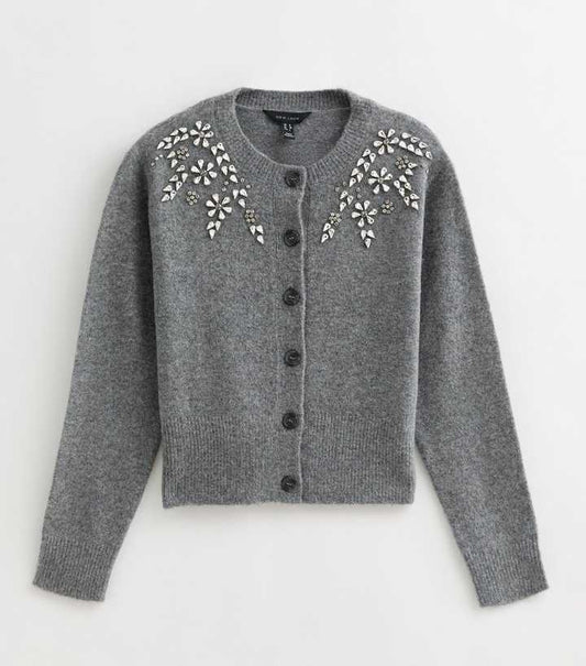 Grey Diamante Floral Embellished Crew Neck Cardigan