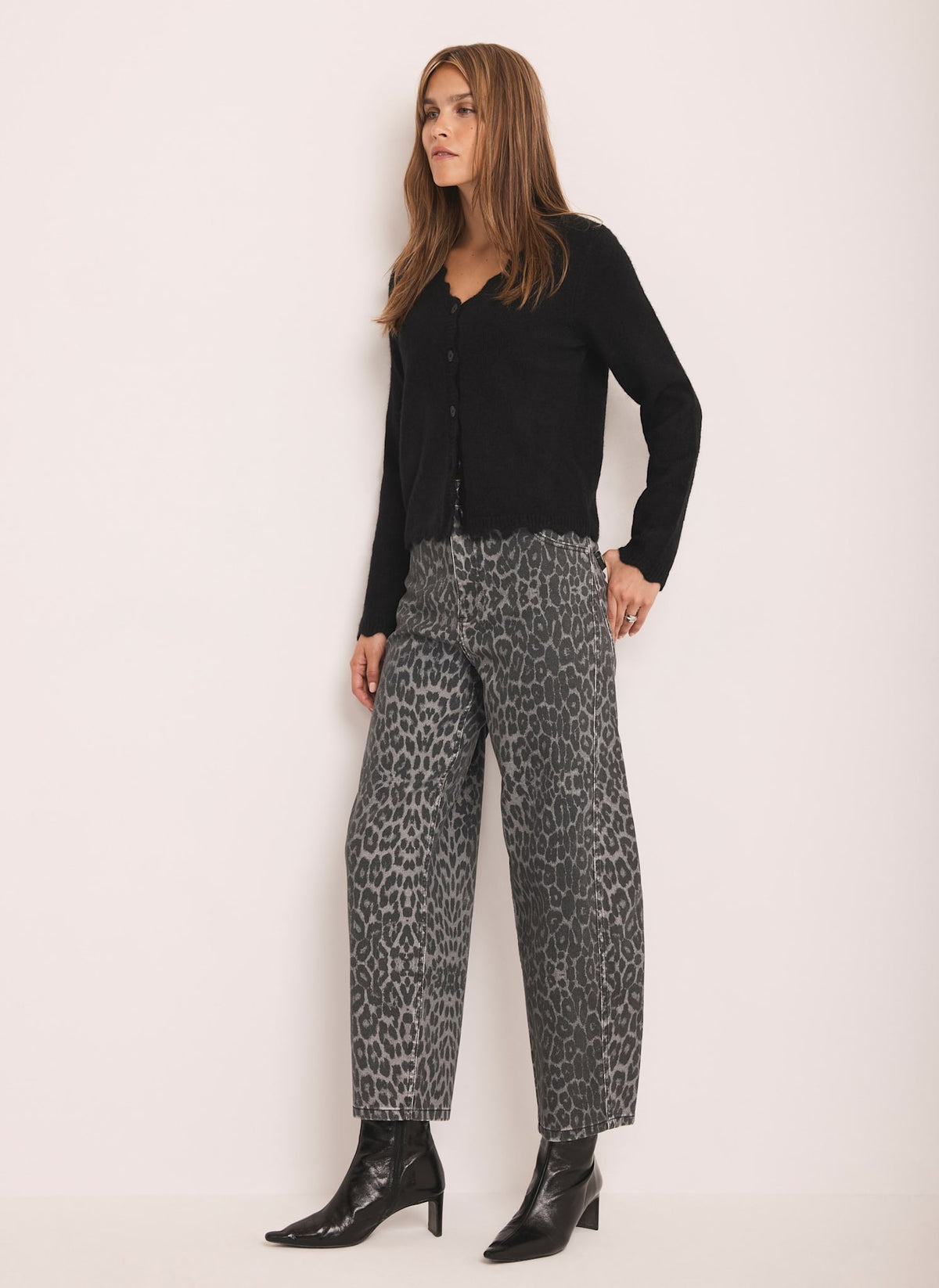 Grey Leopard Print Barrel Leg Jeans