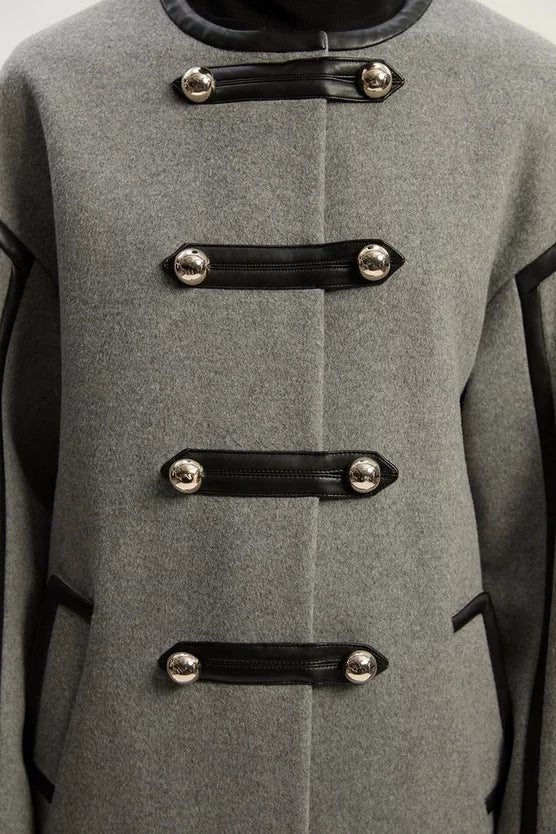 Brushed Wool PU Mix Tailored Collarless Midi Coat