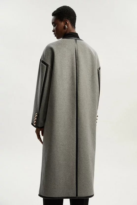 Brushed Wool PU Mix Tailored Collarless Midi Coat