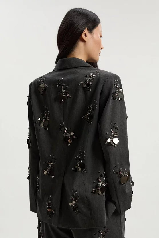 Cluster Sequin & Crystal Embellished Tailored Single Breast Blazer