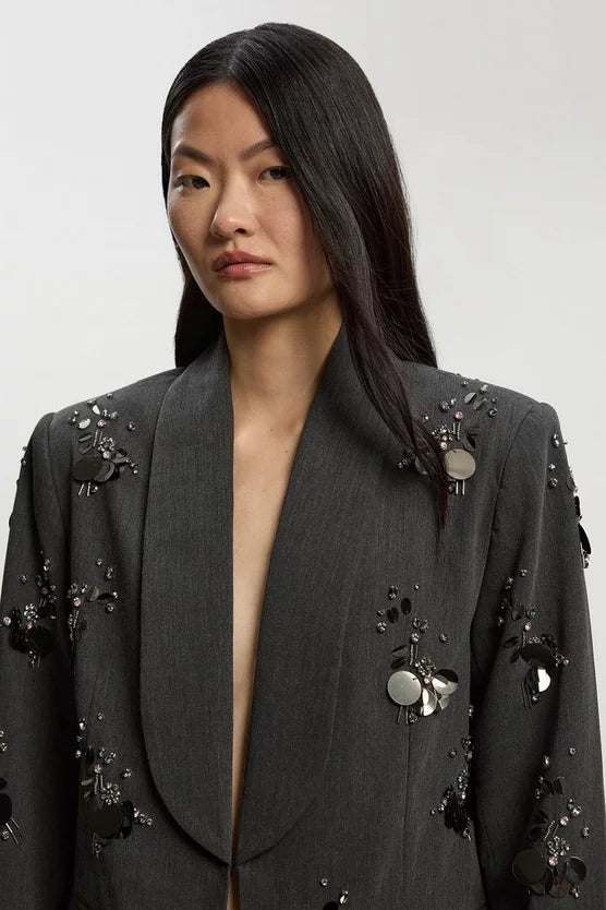 Cluster Sequin & Crystal Embellished Tailored Single Breast Blazer