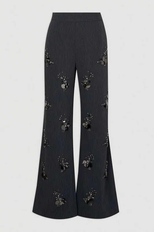 Cluster Sequin & Crystal Embellished Tailored Wide Leg Trouser
