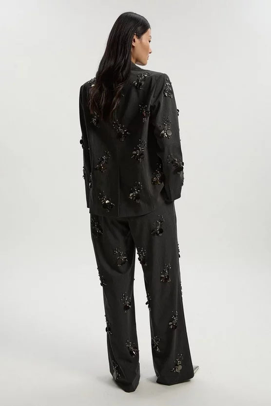 Cluster Sequin & Crystal Embellished Tailored Wide Leg Trouser