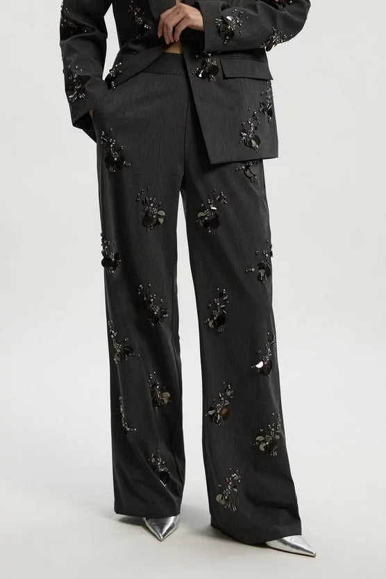 Cluster Sequin & Crystal Embellished Tailored Wide Leg Trouser