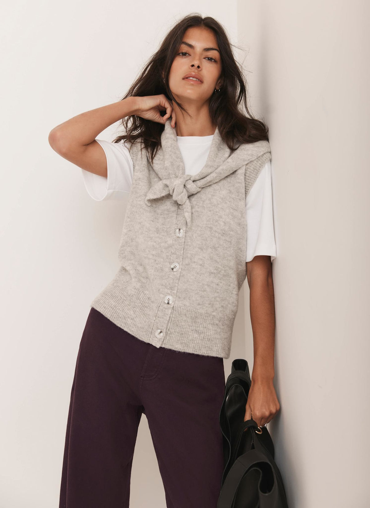 Grey Sleeveless Scarf Detail Knit Top