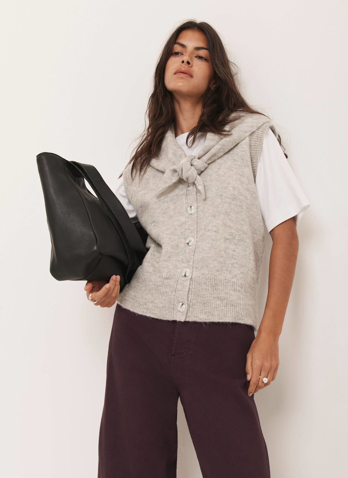 Grey Sleeveless Scarf Detail Knit Top