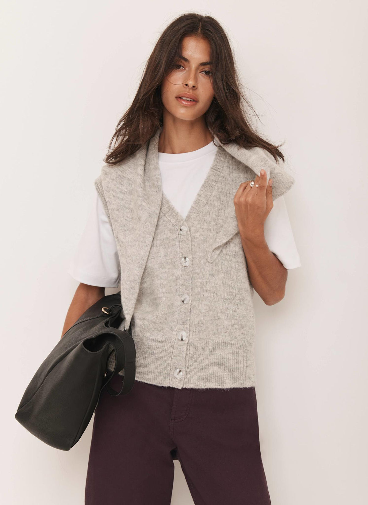Grey Sleeveless Scarf Detail Knit Top
