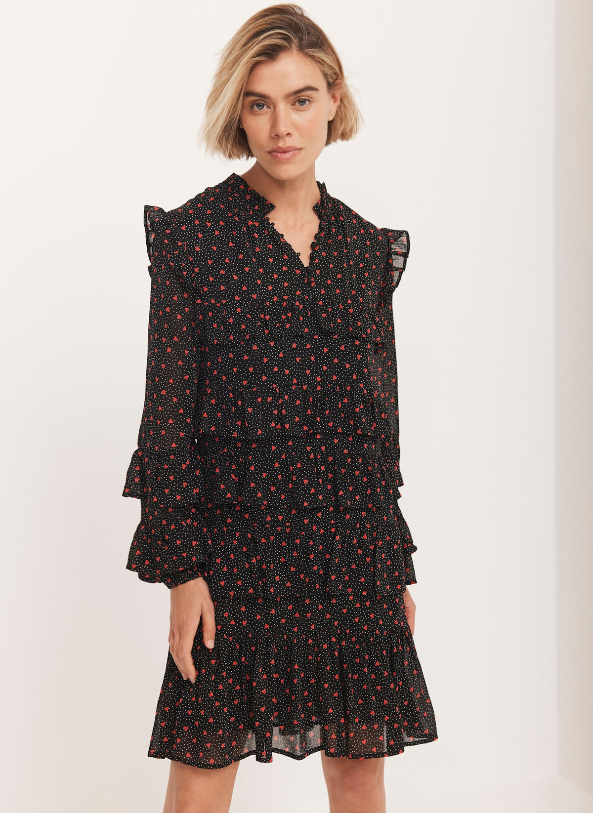 Black Heart Print Tiered Mini Dress