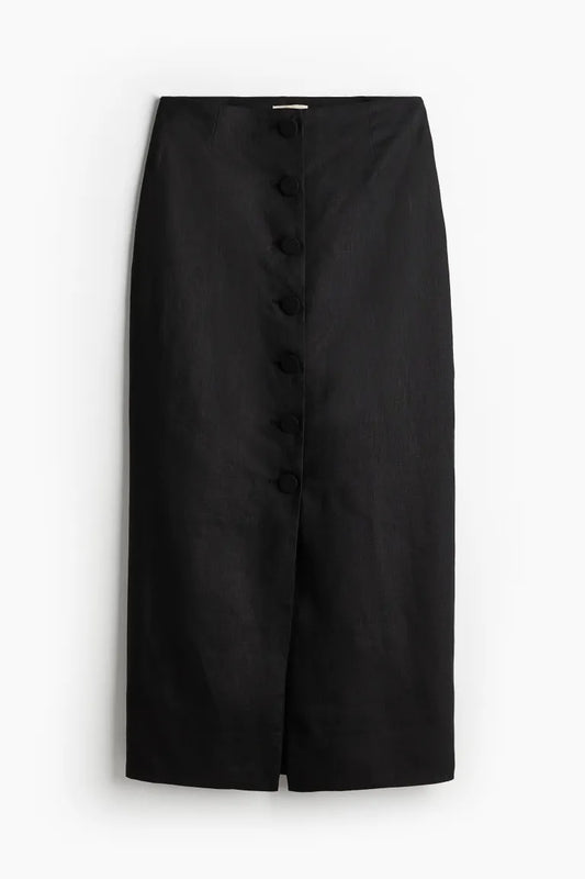 Button-front linen skirt