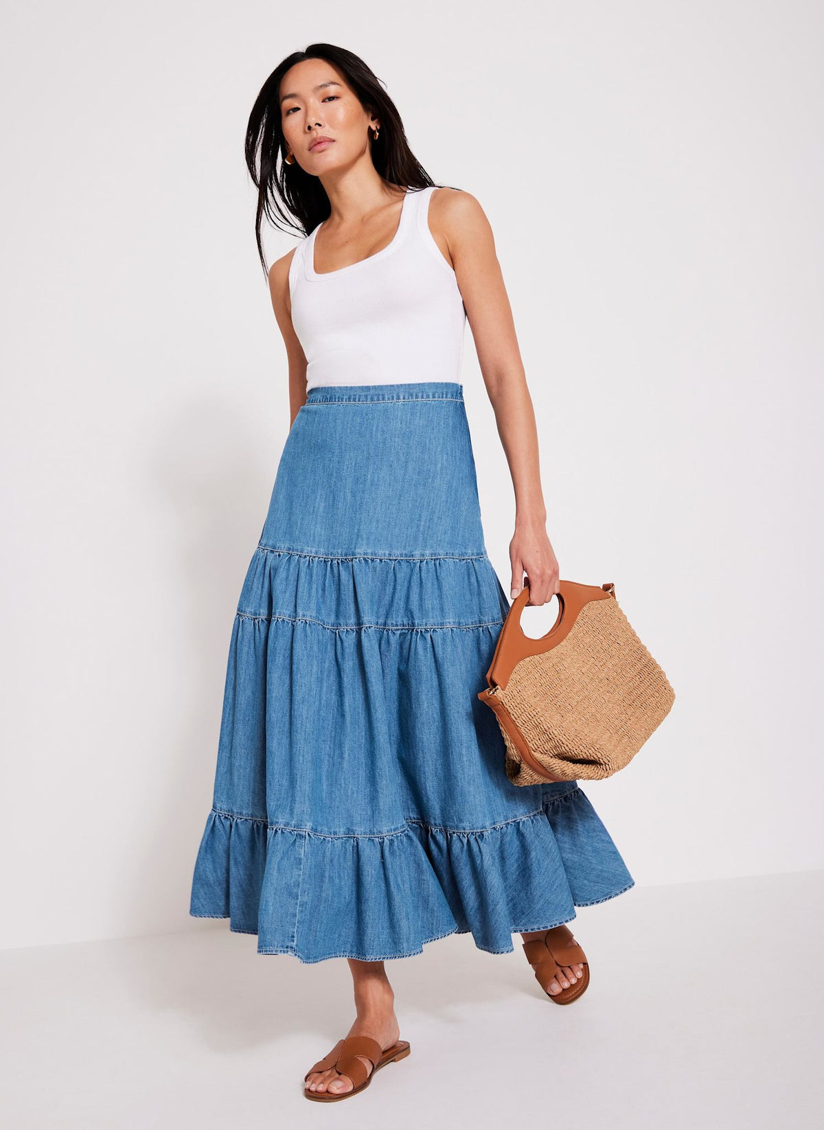 Indigo Tiered Denim Maxi Skirt