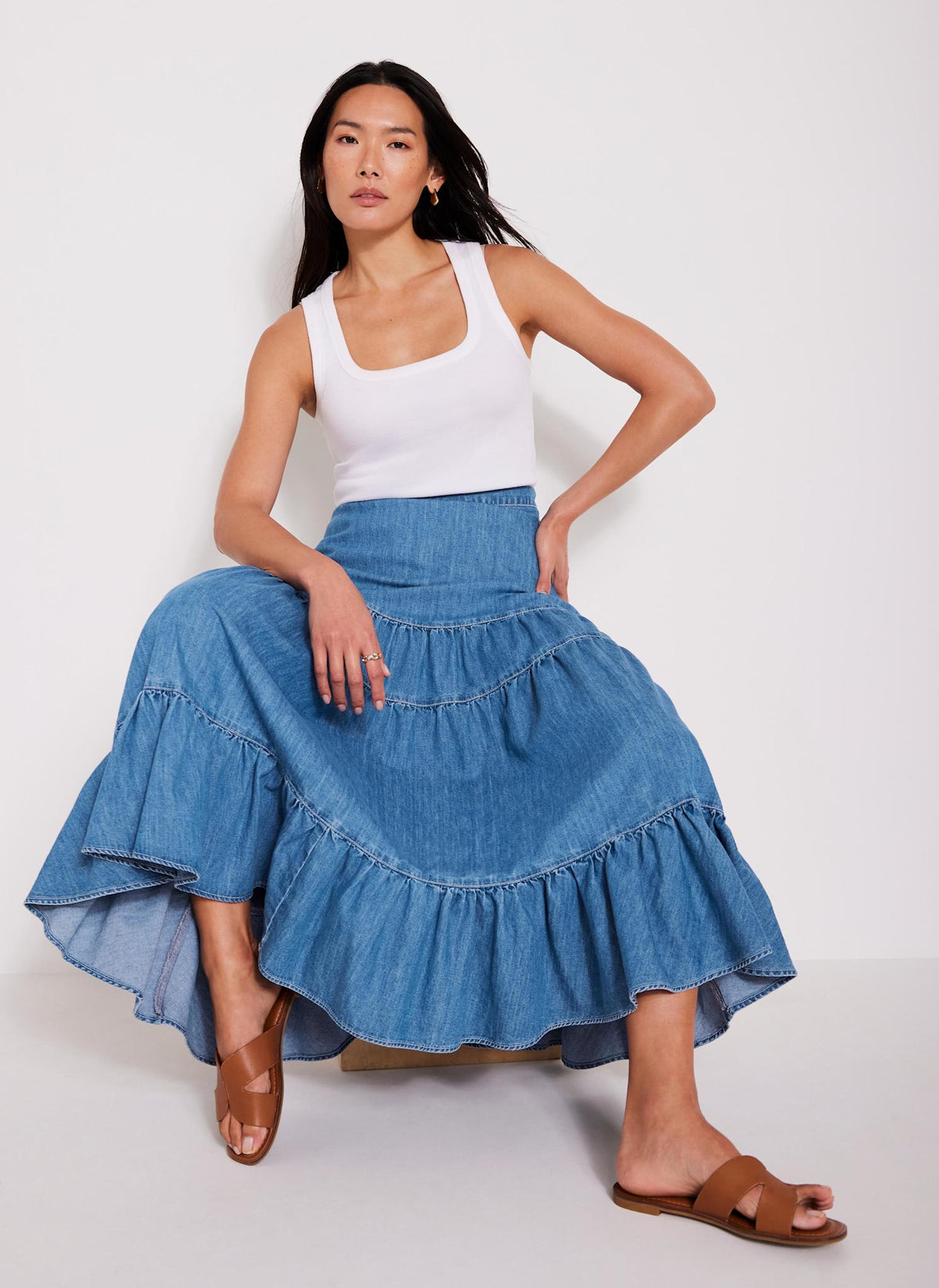 Indigo Tiered Denim Maxi Skirt