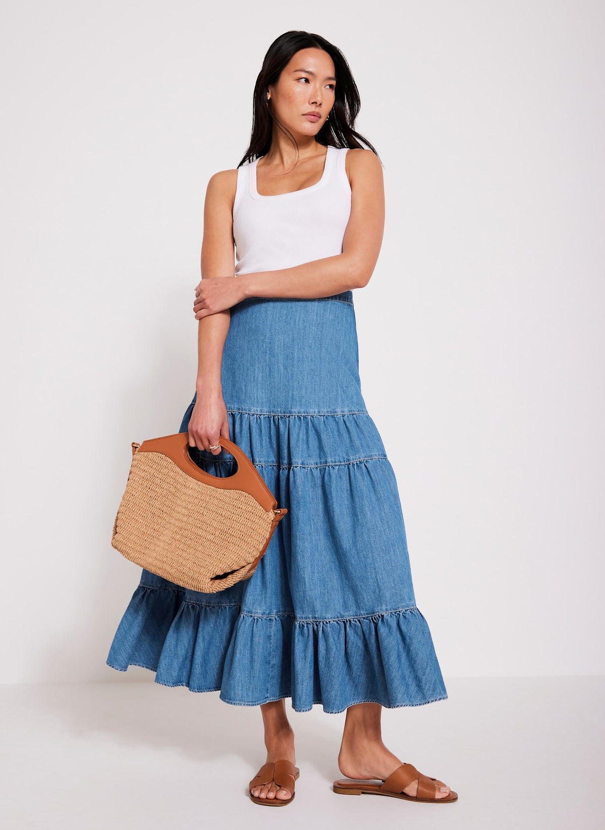 Indigo Tiered Denim Maxi Skirt