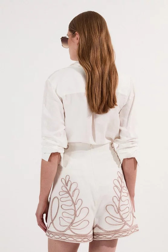 Cotton Linen Cornelli Embroidered Woven High Waisted Short