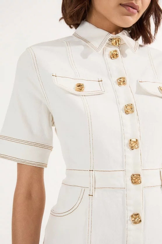 Denim Button Front Short Sleeve Pencil Midi Dress