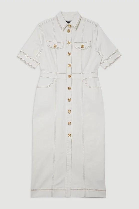 Denim Button Front Short Sleeve Pencil Midi Dress