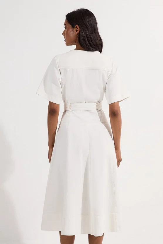Denim Soft Wash Short Sleeve Belted Midi Dress