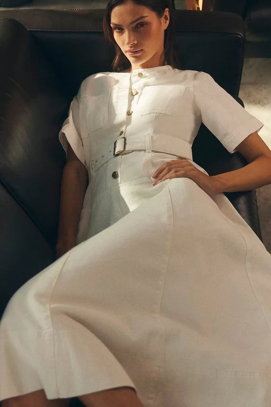 Denim Soft Wash Short Sleeve Belted Midi Dress