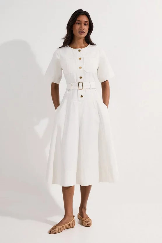 Denim Soft Wash Short Sleeve Belted Midi Dress