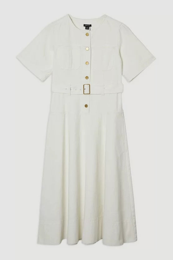 Denim Soft Wash Short Sleeve Belted Midi Dress