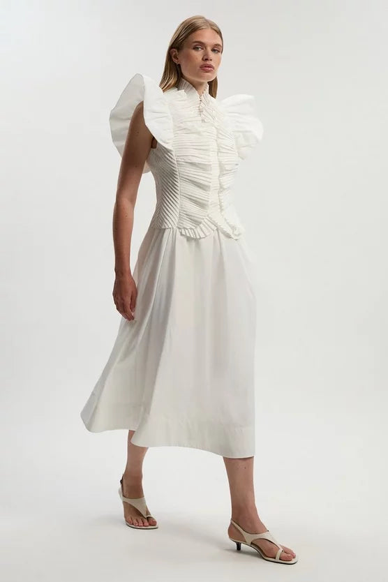 Pleated Ruffle Sleeve Woven Maxi Dress