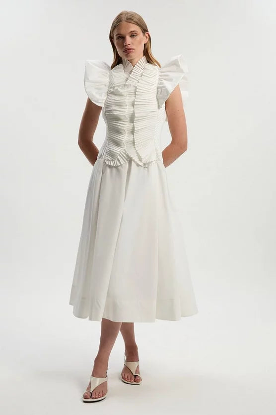 Pleated Ruffle Sleeve Woven Maxi Dress