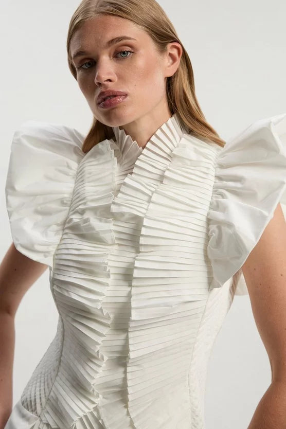 Pleated Ruffle Sleeve Woven Maxi Dress
