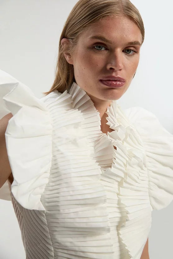 Pleated Ruffle Sleeve Woven Top
