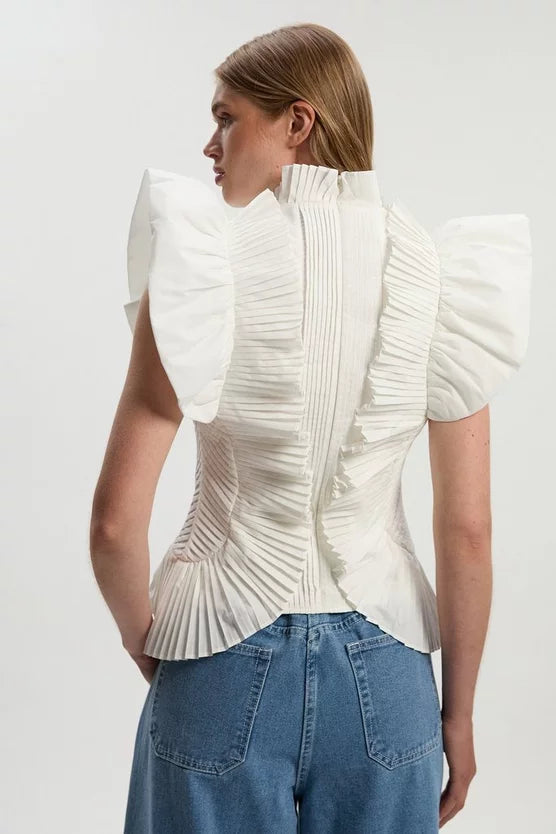 Pleated Ruffle Sleeve Woven Top