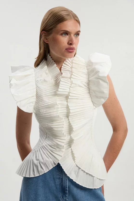 Pleated Ruffle Sleeve Woven Top