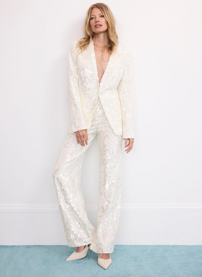 White Sequin Embellished Trousers