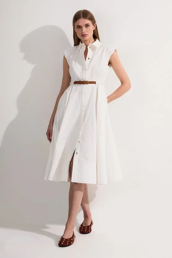 Tailored Cotton Belted Collared Full Midi Dress