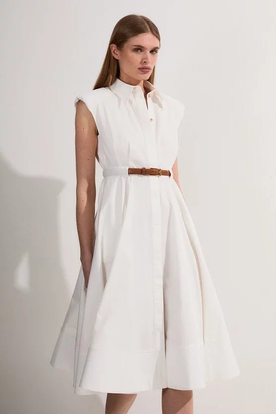 Tailored Cotton Belted Collared Full Midi Dress