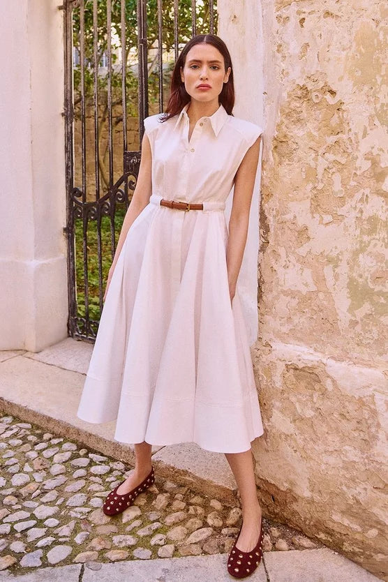 Tailored Cotton Belted Collared Full Midi Dress